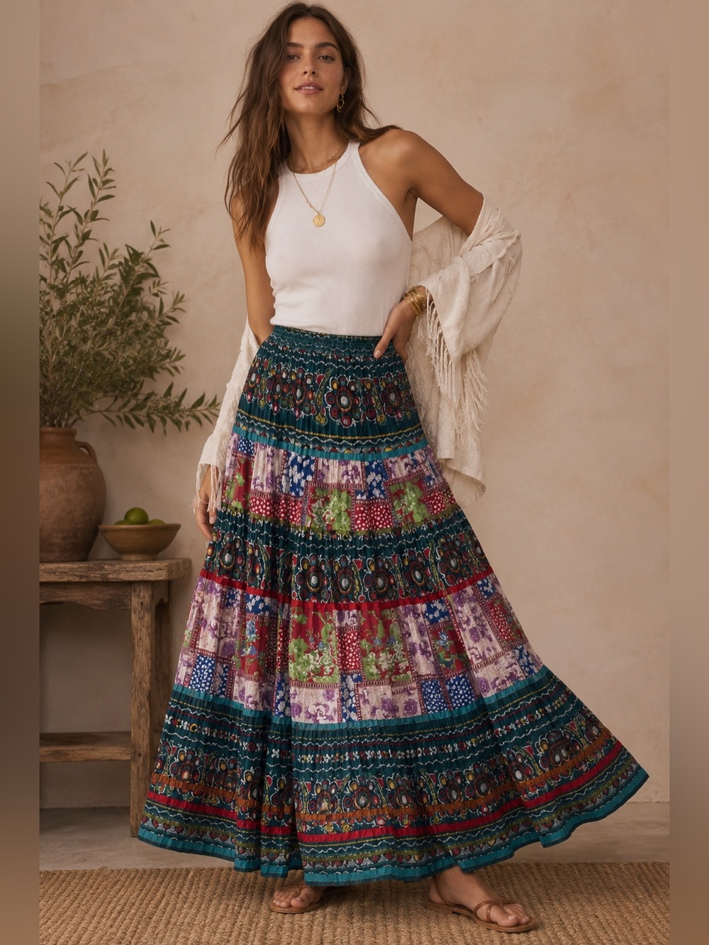 Anu by Natural Tiered Maxi Skirt Patchwork Boho India Small